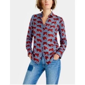 J. Crew 100% Silk Shirt Blue Tiger